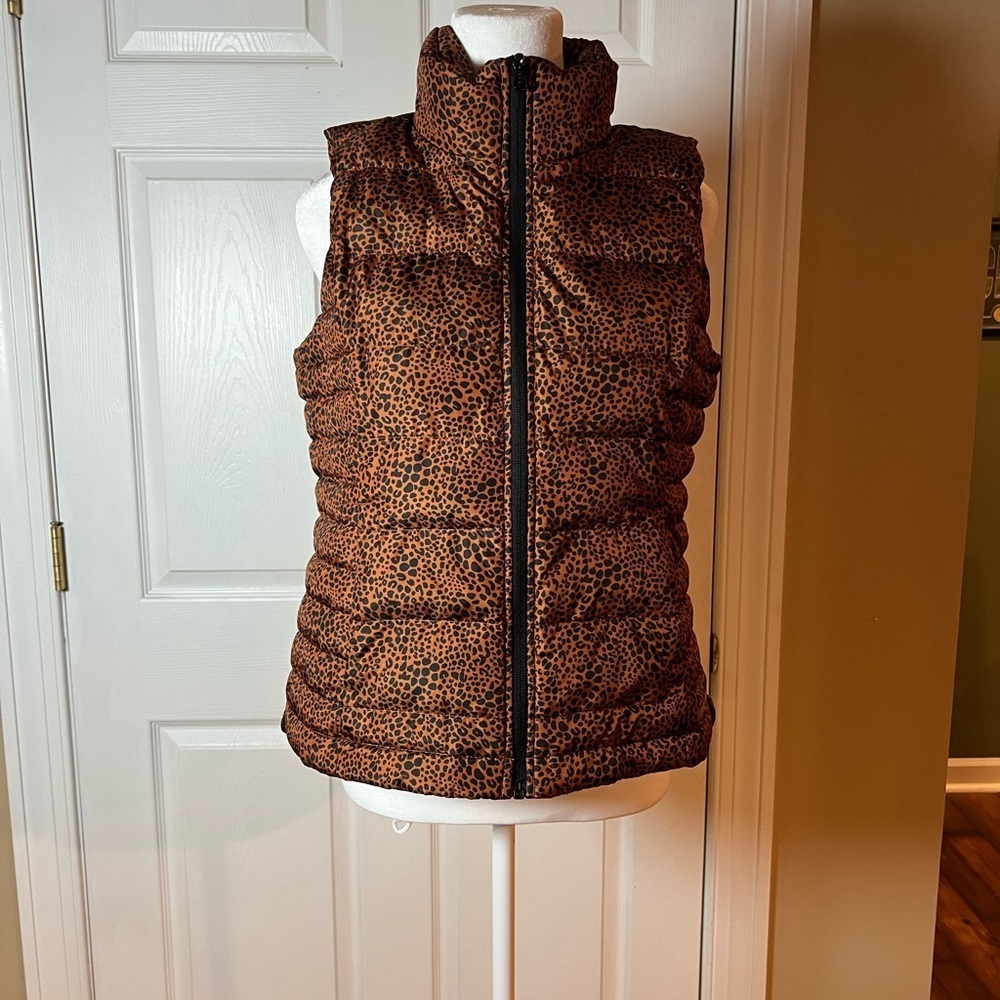 Lands End Women's Black & Brown Animal Print Down Filled Vest Size Small Cozy - Picture 2 of 8